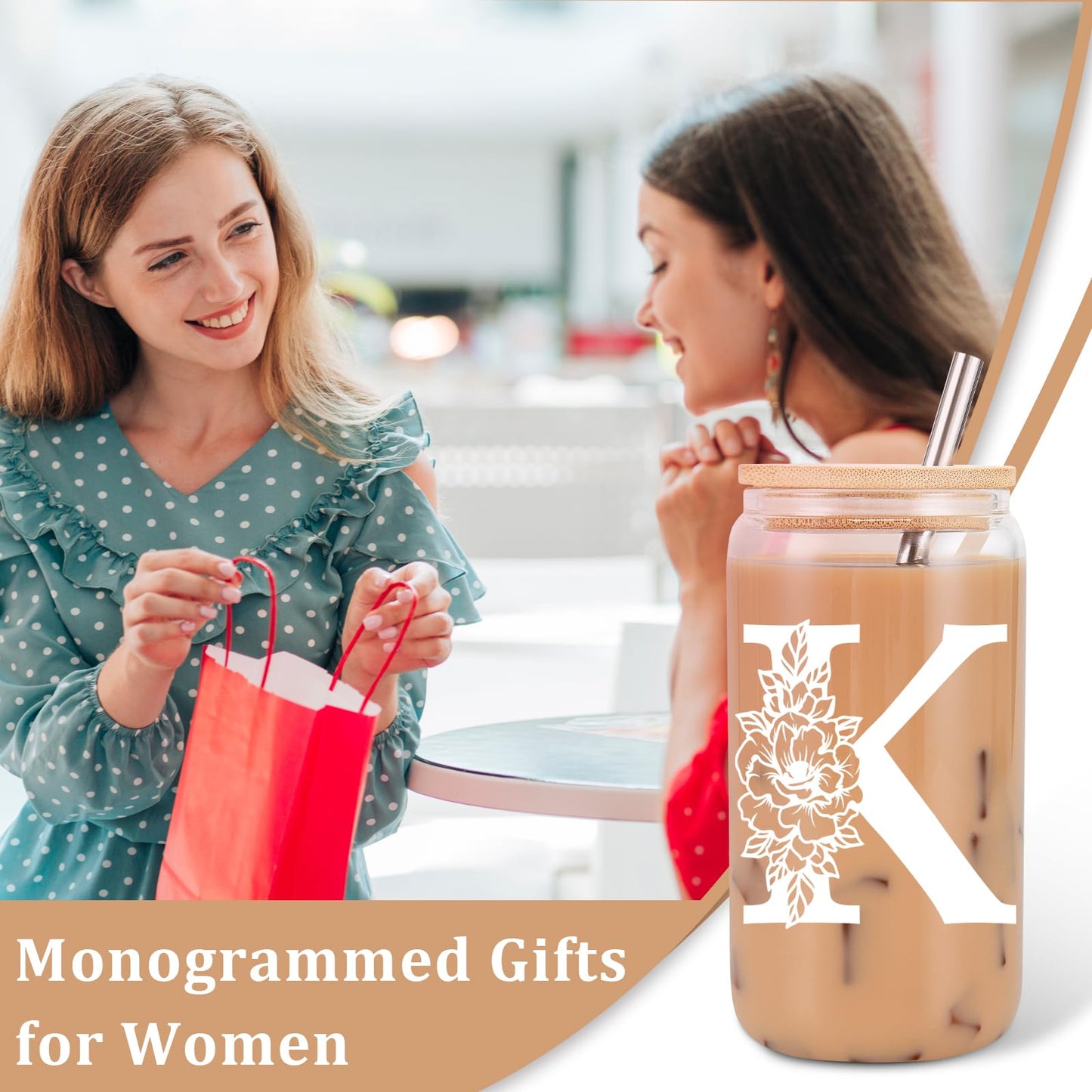 Coolife Initial Glass Cup, Monogrammed Gifts for Women, 16 oz Glass Cups w/Lids Straws, Iced Coffee Smoothie Beer Tumbler w/Straw Lid - Personalized Christmas, Birthday Gifts for Her Mom Friend Woman