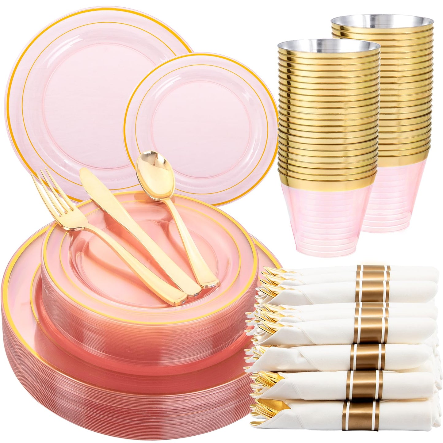 WELLIFE 210Pcs Clear-Pink Plastic Dinnerware- Pink and Gold Plastic Dinnerware include 30 Dinner Plates, 30 Dessert Plates, 90 Gold Silverware, 30 Cups and 30 Napkins Perfect for Parties