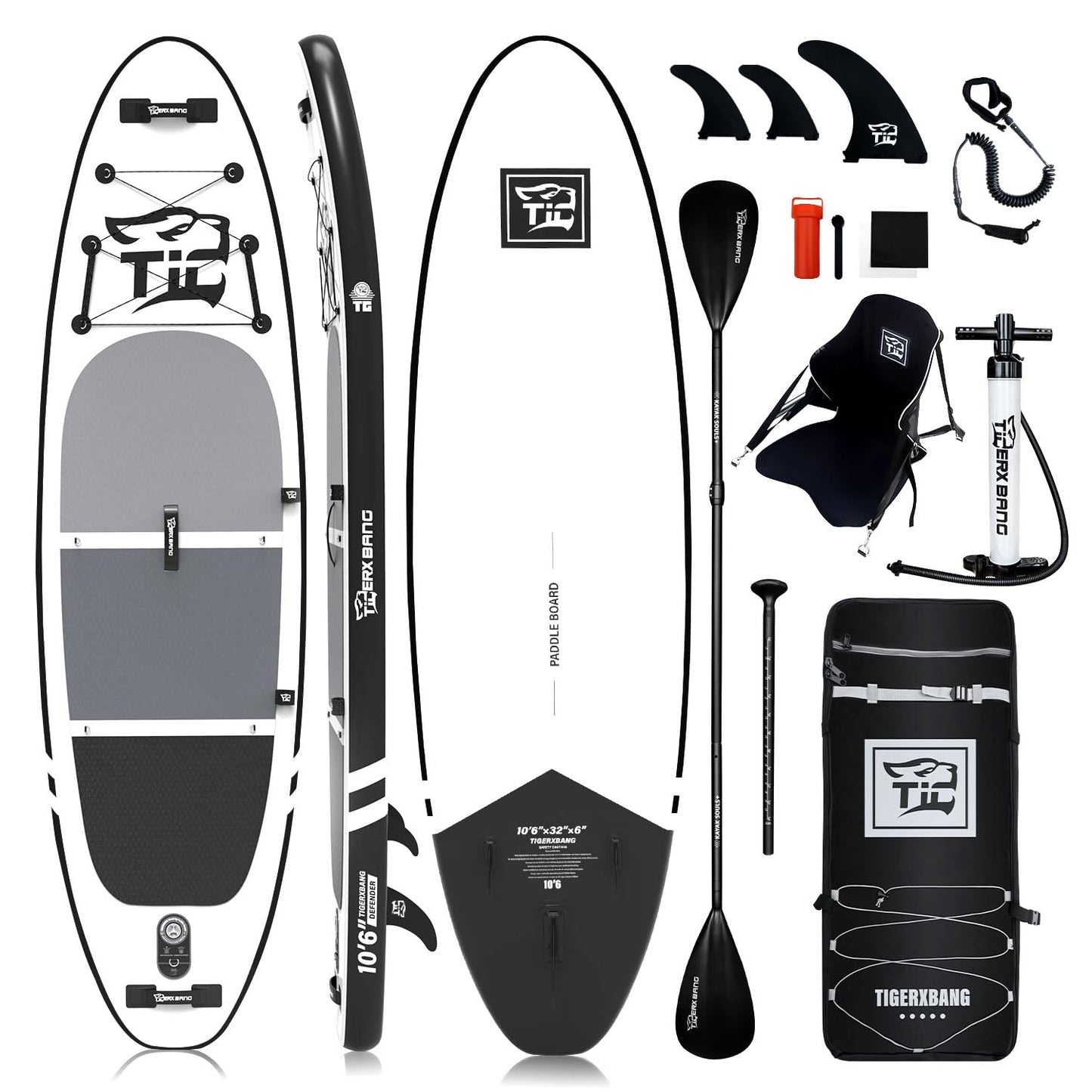 TIGERXBANG Stand Up Paddle Boards 10'6" x 32" x 6" with Premium SUP Board Accessories, Inflatable Paddle Boards for Adults/Kids with Double-Bladed Paddle, Kayak Seat, Defender-Pro Black