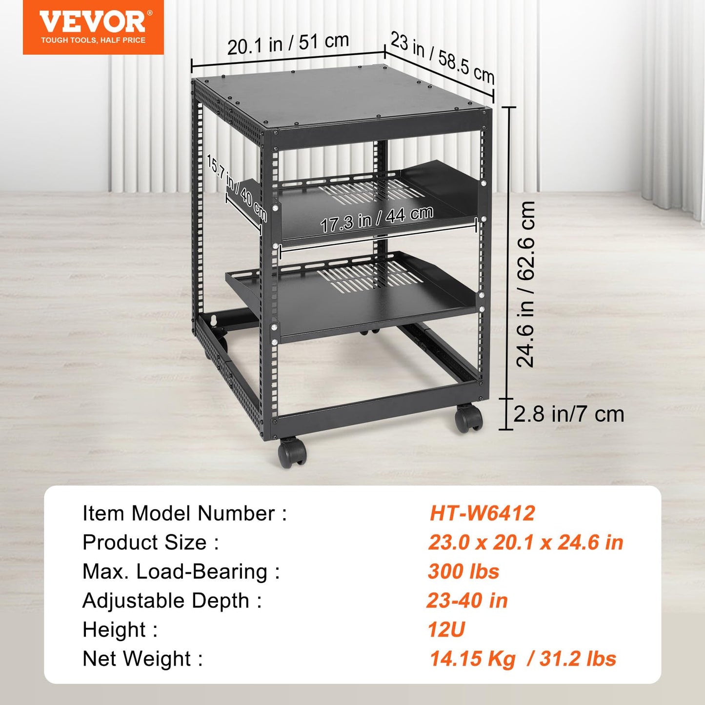 VEVOR 12U Open Frame Server Rack, 23''-40'' Adjustable Depth, Free Standing or Wall Mount Network Server Rack, 4 Post AV Rack with Casters, Holds All Your Networking IT Equipment AV Gear Router Modem