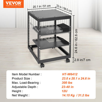 VEVOR 12U Open Frame Server Rack, 23''-40'' Adjustable Depth, Free Standing or Wall Mount Network Server Rack, 4 Post AV Rack with Casters, Holds All Your Networking IT Equipment AV Gear Router Modem
