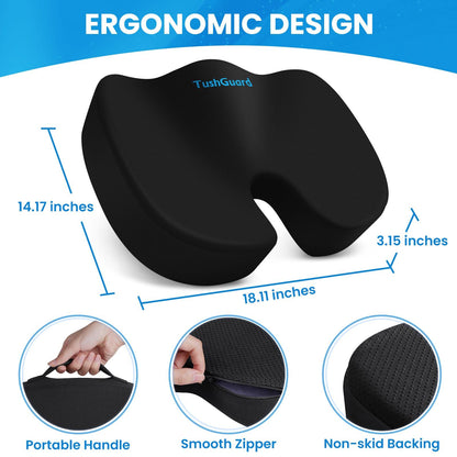 TushGuard Seat Cushion for Office Chair Memory Foam Non-Slip Cushion Back, Relief Chair Pad, Butt Pillow for Office Chair, Car, Computer Desk, Black