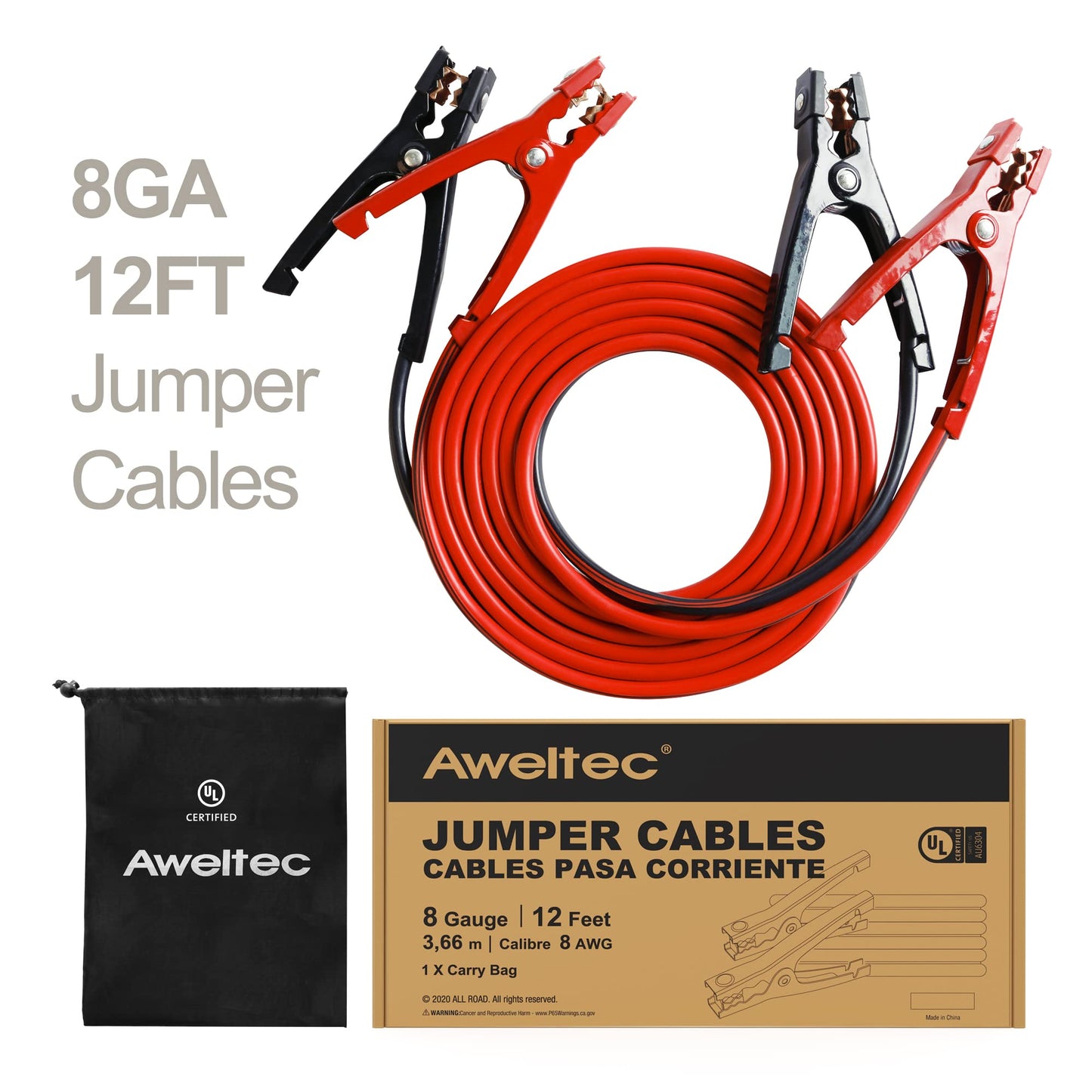 AWELTEC Jumper Cables for car, UL-Listed 8 Gauge 12 Feet Heavy Duty Booster Cables with Carry Bag (8AWG x 12Ft)