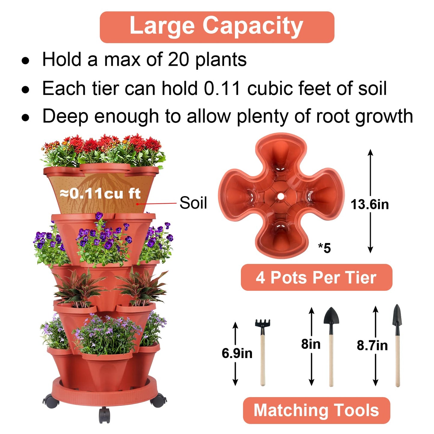 Vertical Planter 5 Tier Stackable Planters Garden Planters Strawberry Herb Flower and Vegetable Planter Indoor Outdoor Gardening Pots with Removable Wheels and Tools