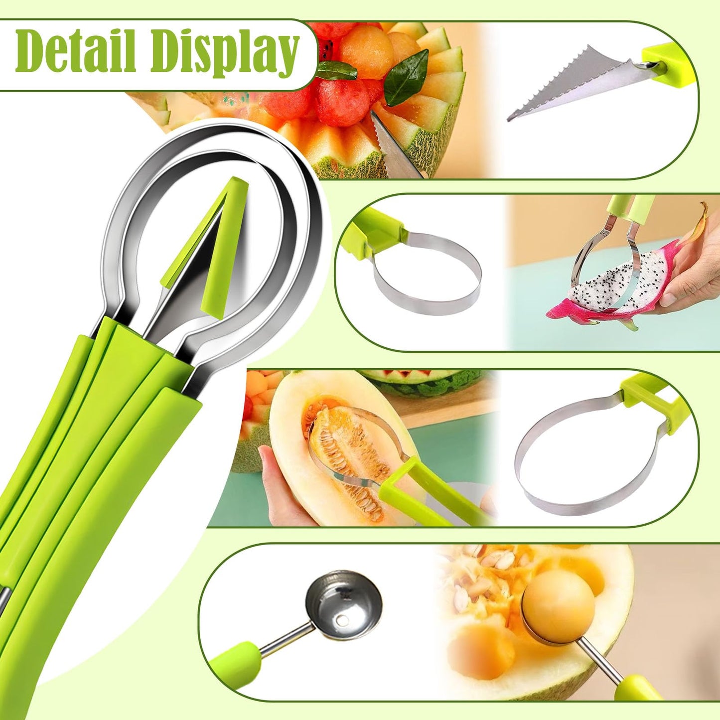 Suuker Melon Baller Scoop Set,4 In 1 fruit cutters shapes, watermelon scooper fruit scooper and baller, fruit carving tools（Green）