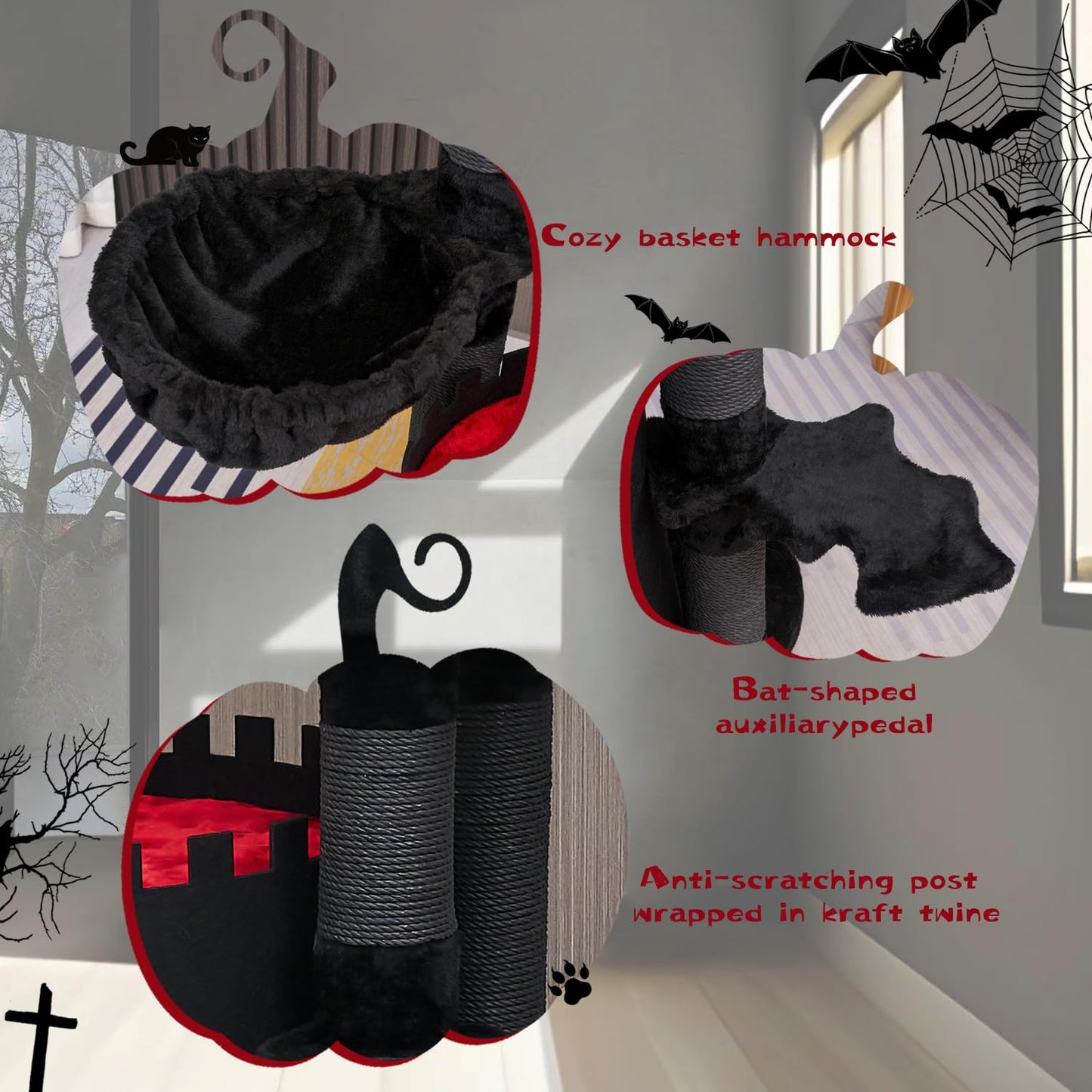 YARUOMY Gothic Cat Tree Castle, 56in Black Cat Tower with Coffin Cat Bed, Spacious Cat Condo for Halloween Cat, Kraft Twine Scratching Posts, Spider Hanging Ball,Goth Pet Furniture