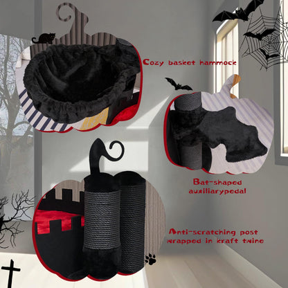 YARUOMY Gothic Cat Tree Castle, 56in Black Cat Tower with Coffin Cat Bed, Spacious Cat Condo for Halloween Cat, Kraft Twine Scratching Posts, Spider Hanging Ball,Goth Pet Furniture