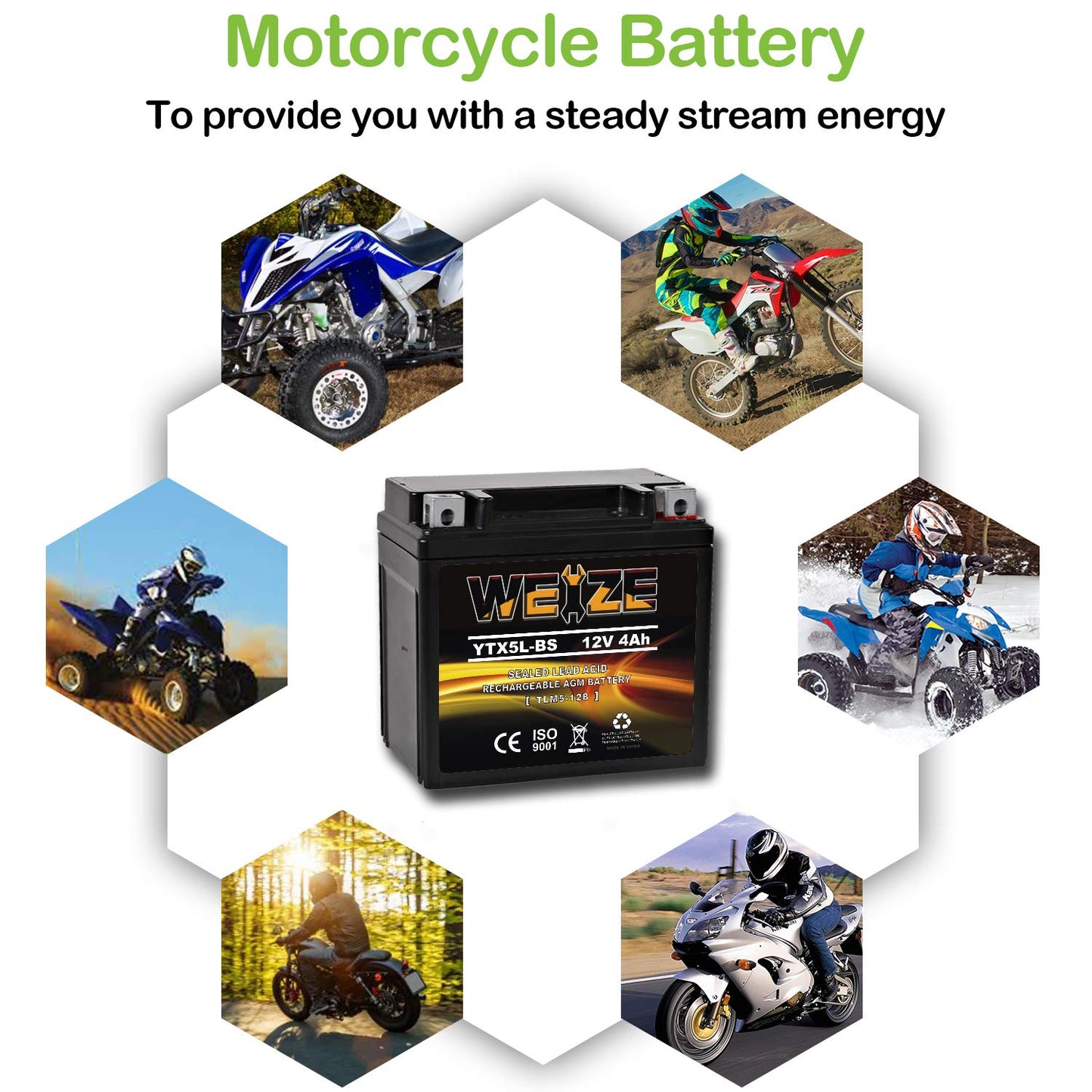 Weize YTX5L-BS High Performance - Maintenance Free - Sealed AGM Motorcycle CTX5L Battery compatible with Honda YUASA Yamaha ETX5L-BS Batteries