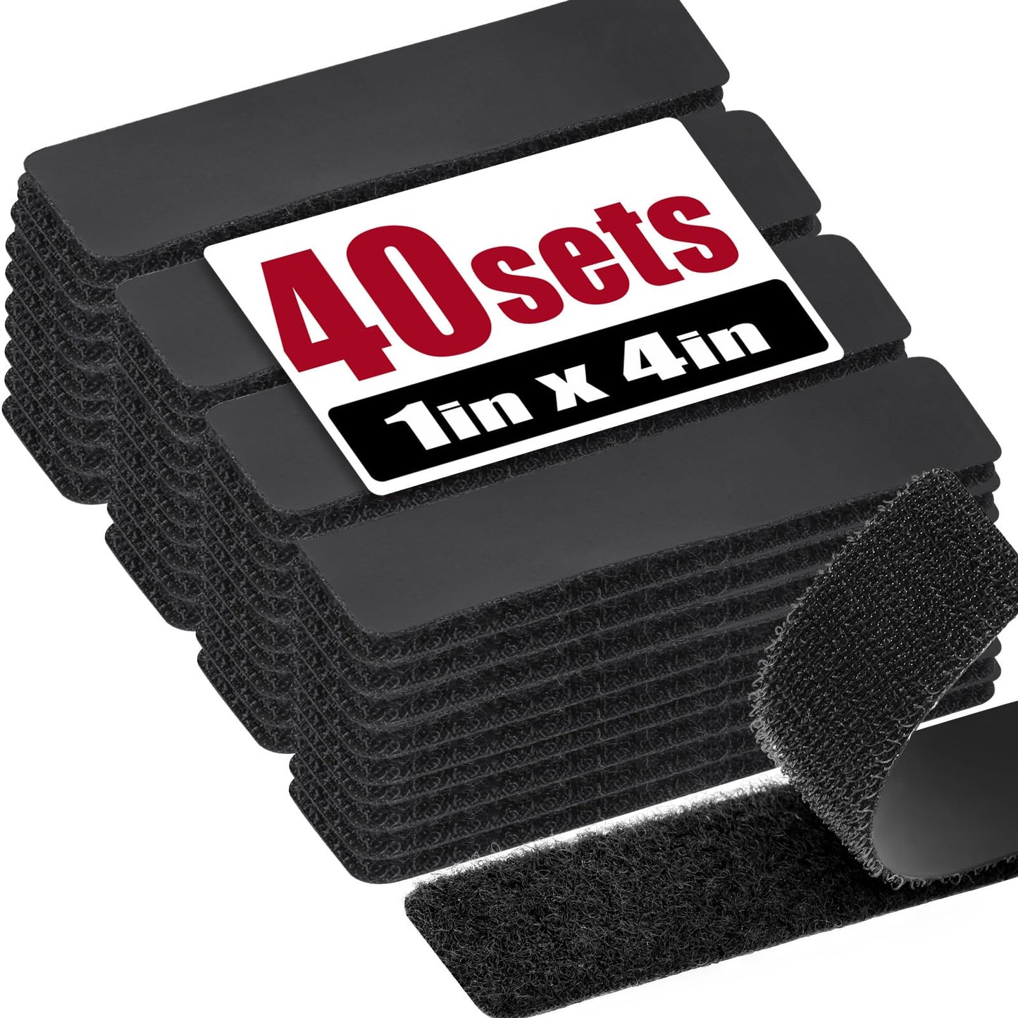 40Sets-1x4 inch Hook&Loop Strips with Adhesive, Black Command Strips with Backing, Heavy Duty Adhesive Fasten Mounting Tape for Home Office School and Crafting