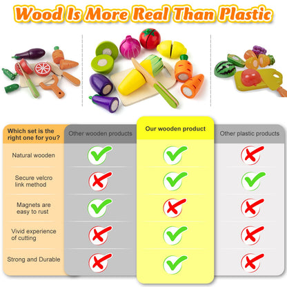 Sundaymot Play Kitchen Accessories, Wooden Play Food, Cooking Set with Stainless Steel Cookware Pots and Pans Utensils, Apron, Chef Hat, Cutting Food Kitchen Playset for Girls and Boys