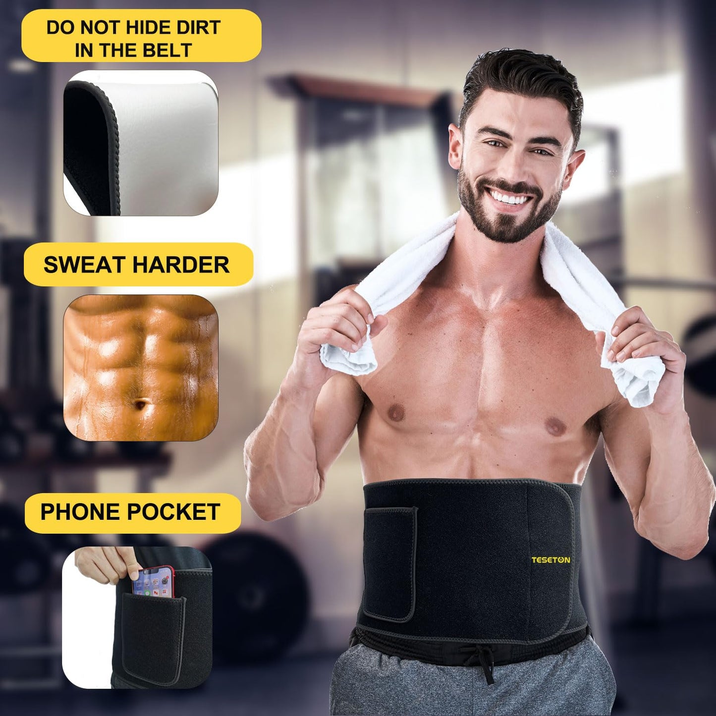 TESETON Plus Size Waist Trainer for Men Women, Waist Trimmer for Men Women, Sweat Belt Plus Size, Wraps for Belly Fat, Sauna Stomach Sweat Band Sport Fitness 01 Black XL