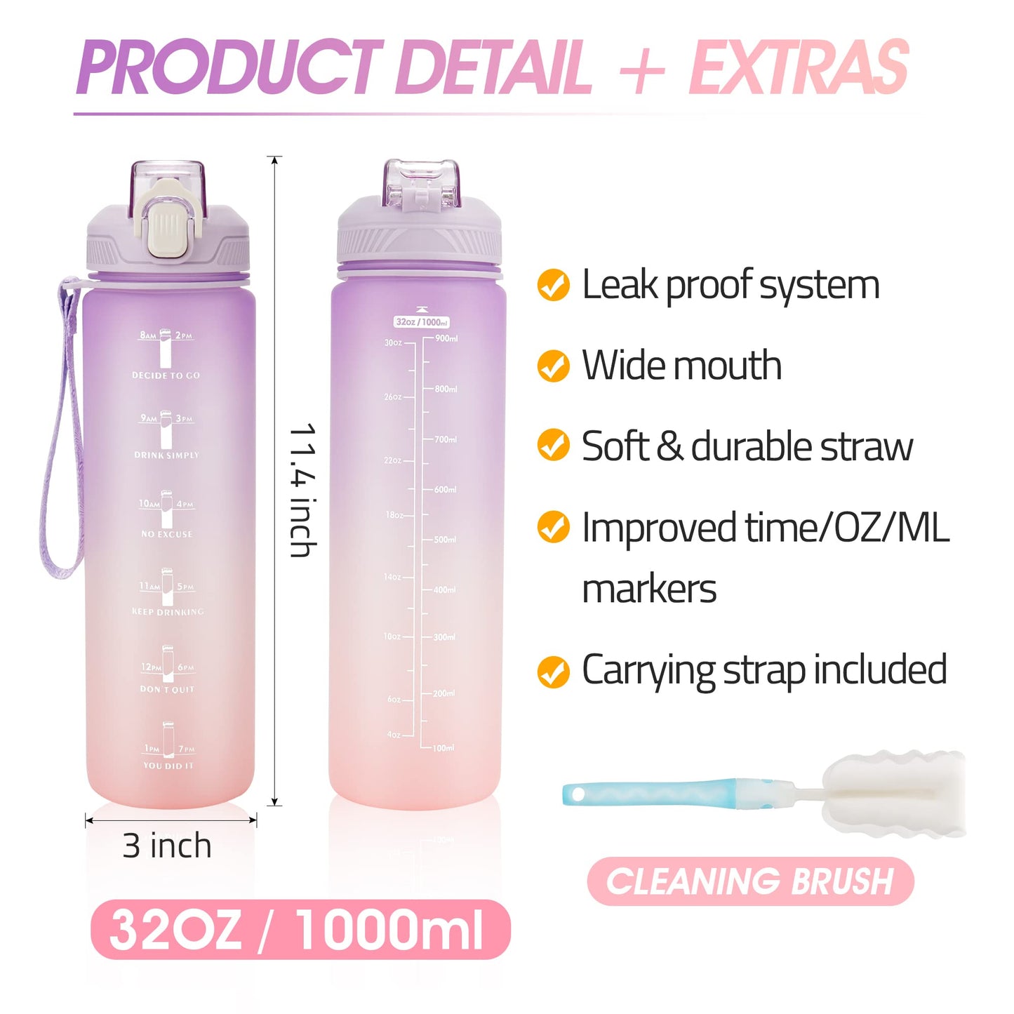 YC Kitchen Motivational Water Bottle with Time Marker- 32oz Water Bottles with Times to Drink, Leakproof & BPA Free Sports Water Bottle with Straw & Carry Strap for Fitness, Gym, and Outdoor Sports