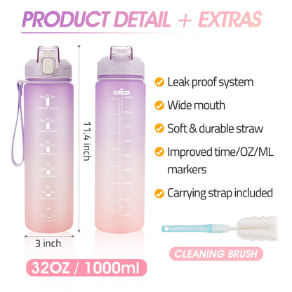 YC Kitchen Motivational Water Bottle with Time Marker- 32oz Water Bottles with Times to Drink, Leakproof & BPA Free Sports Water Bottle with Straw & Carry Strap for Fitness, Gym, and Outdoor Sports