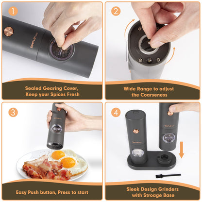 SIMPLETASTE Electric Salt and Pepper Grinder Set, One-Handed, Battery Powered, Adjustable Coarseness, LED Light, Pepper mills with stand, Seasoning Tools for Kitchen, Dining or Gifting