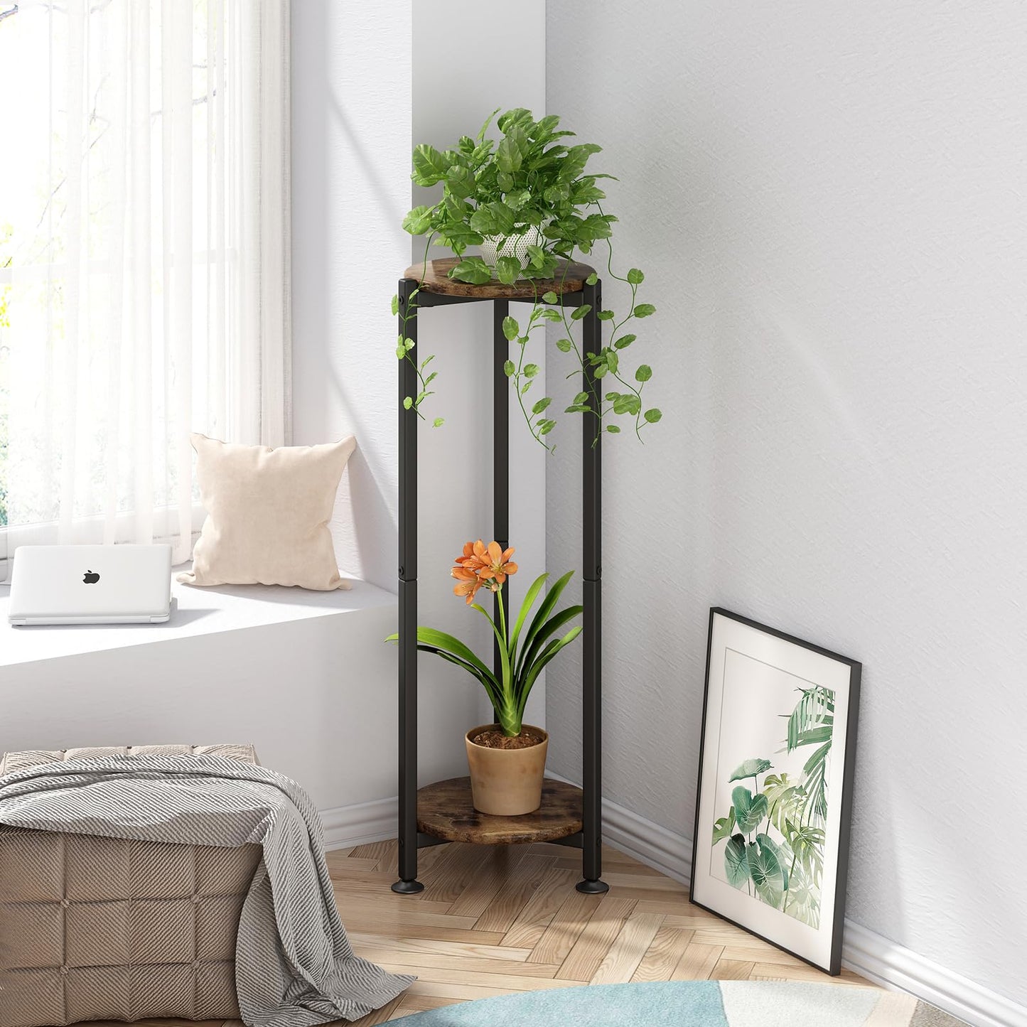 YIZAIJIA Plant Stand Indoor Corner Tall 2 Tier Metal Modern Flower Storage Plant Shelf Holder for Living Room Balcony Garden,Black (2 Tier-Black Round)