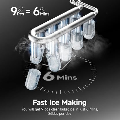 EUHOMY Ice Maker Countertop, 9 Cubes Ready in 6 Mins, 26lbs/24H, Self-Cleaning, Portable Ice Maker Machine with Carry Handle, Basket and Scoop, 2 Sizes of Bullet Ice for Home, Kitchen, Office