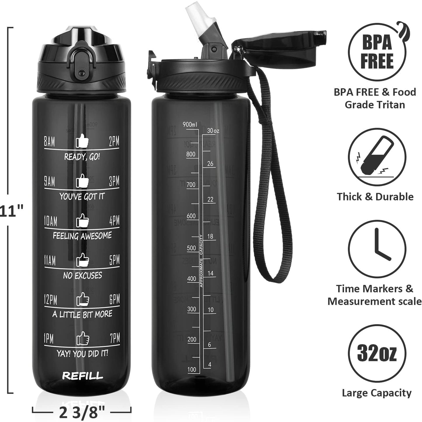 Fimibuke 32 oz Water Bottle with Sleeve - BPA Free Leakproof Sport Large 1L Plastic Motivational Water Bottle with Straw & Strap & Insulated Neoprene Holder Carrier Bag for Women Men(A1.Black)