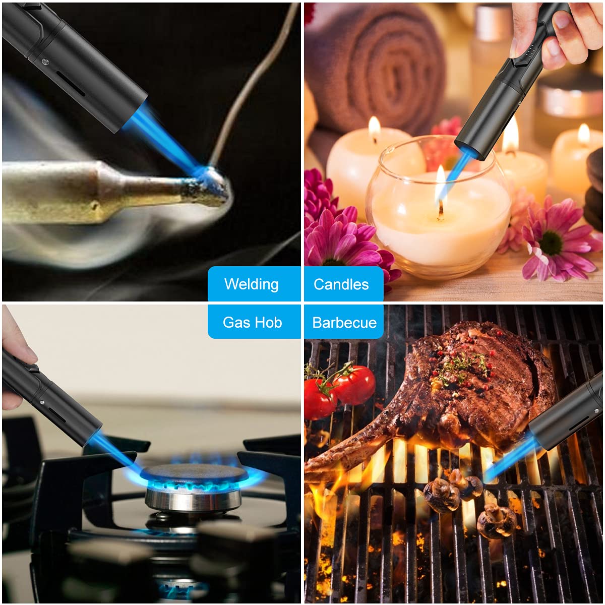 Torch Lighters, 2 Pack, Butane Lighters, Adjustable Jet Flame Torch Lighters, Wind Resistant Butane Refillable Gas Torch Lighter Long Lighter for Camping Candle Grill BBQ Fireworks (Gas Not Included)