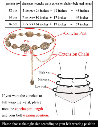 TOPACC Gold Metal Oval Concho Chain Belts for Women Western Cowgirl Belt for Dresses Jeans Country Concert Outfit