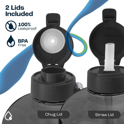 AQUAFIT 64 oz Water Bottle with Time Marker - Straw & Chug Lid - BPA Free Half Gallon Gym Water Bottle with Handle - Big Gallon Jug (Gray, 64 Ounces)