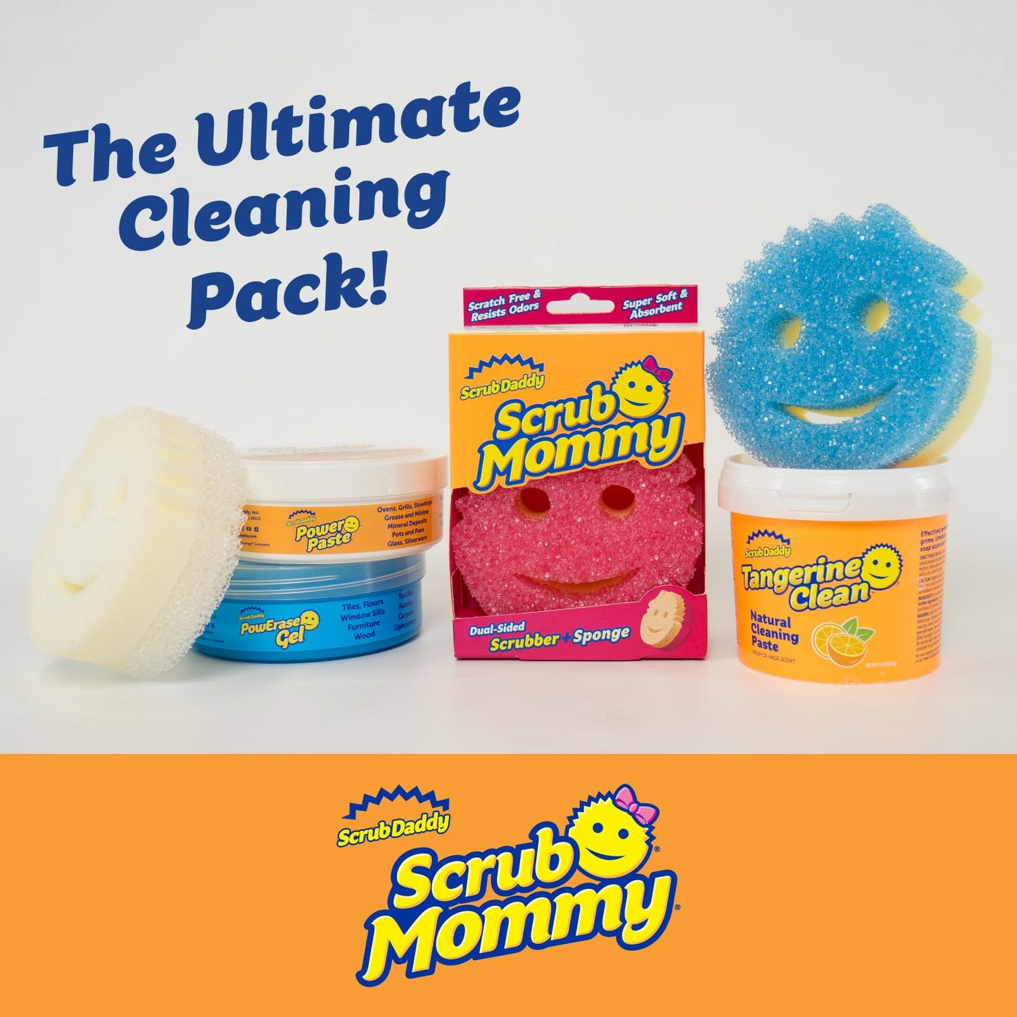 Scrub Daddy Sponges + Household Cleaning Supplies Bundle - PowerPaste Cleaning Putty, Tangerine Clean, PowErase Gel All Purpose Cleaner & Scrub Mommy (3 Pastes & 3 Sponges)