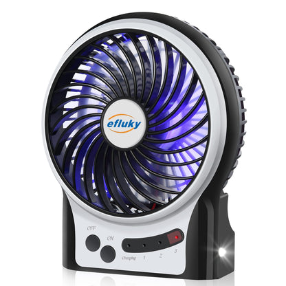 efluky 4.9-Inch Mini Desk Fan - 3 Speeds, Rechargeable Battery/USB Powered with LED Light, Quiet Portable Fan for Home, Office, Travel, Camping (Black)