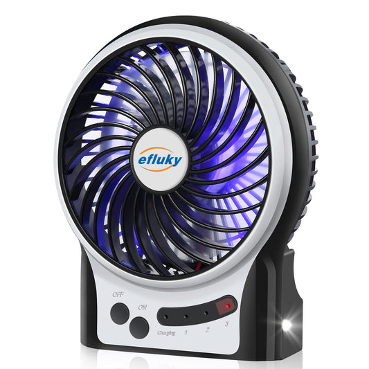 efluky 4.9-Inch Mini Desk Fan - 3 Speeds, Rechargeable Battery/USB Powered with LED Light, Quiet Portable Fan for Home, Office, Travel, Camping (Black)