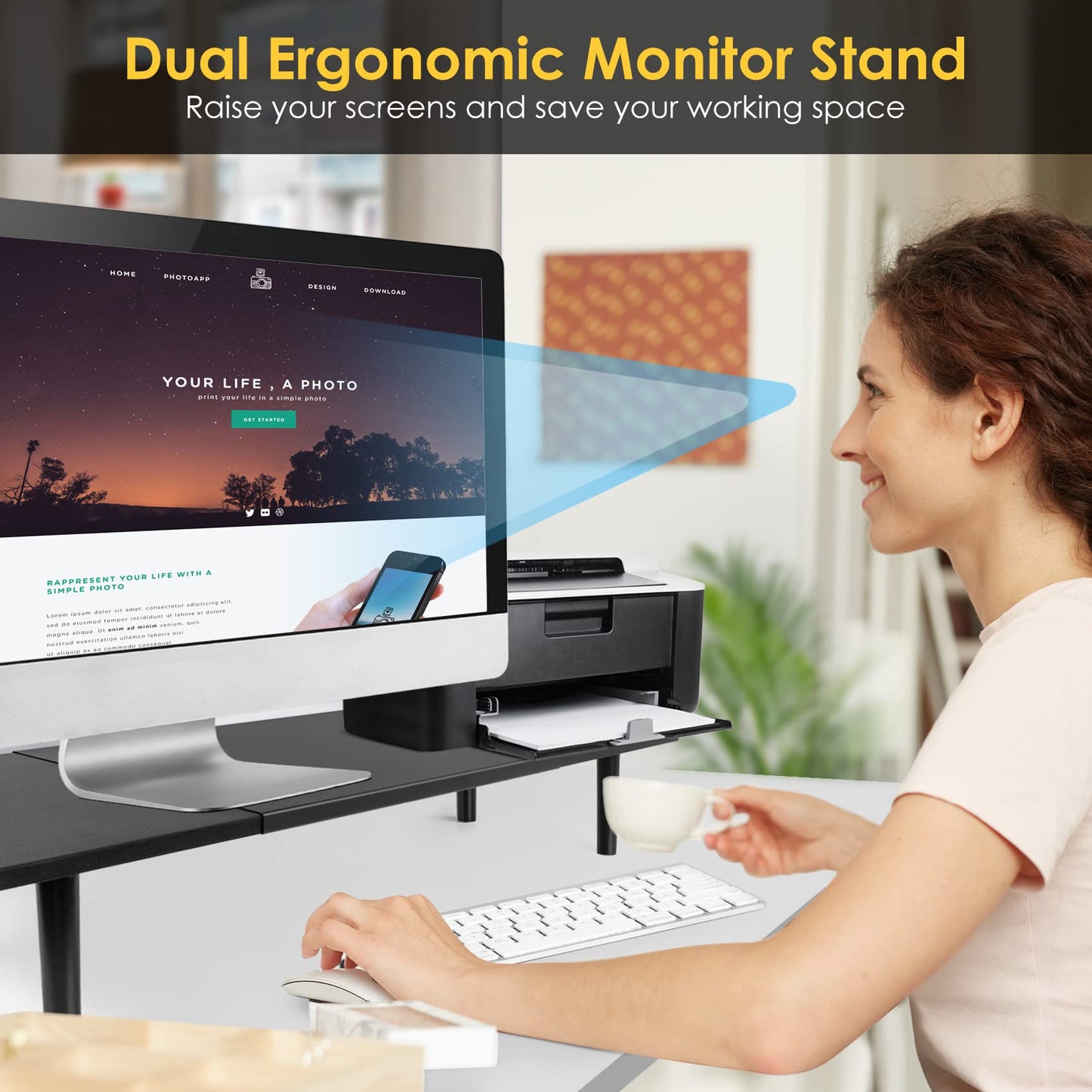 Across-Star Dual-Monitor-Stand-Riser-For-Desk Adjustable Length 32-40 Inch，Large Desktop Computer Monitor Riser For 2 Screens，Desk Shelf Organizer Riser Stand For Computer/Laptop/PC/Printer/TV Black