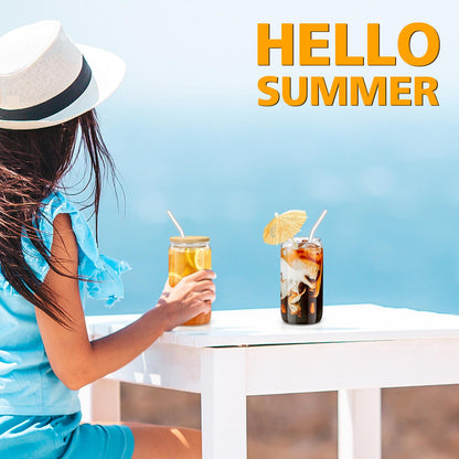 sungwoo 4PCS Glass Cups with Bamboo Lids and Straws, 16OZ Ice Coffee Cup, Drinking Cup set with Wooden Lids, Home Essential Glass Tumblers for Beer, Cocktail, Tea and Latte Clear