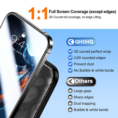 QHOHQ 3 Pack Screen Protector for iPhone 17 + One Set Camera Lens Protector, Top 9H+ Shatterproof Tempered Glass, [12FT Military Grade Protection], 1-Second Auto-Install, Case Friendly