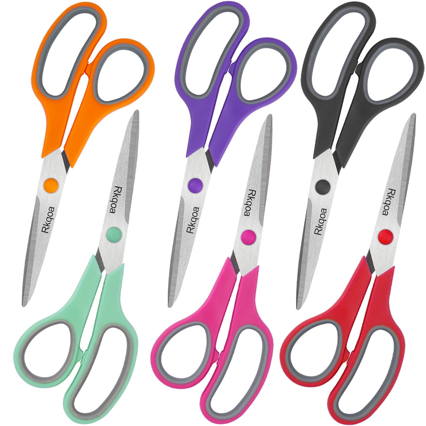 Scissors, Rkqoa 8" Adult Scissors All Purpose 6 Pack - Comfort-Grip Sharp Shears for Office School Sewing Fabric Craft Art Supplies, Teacher/Class Everyday Use, Right/Left Handles