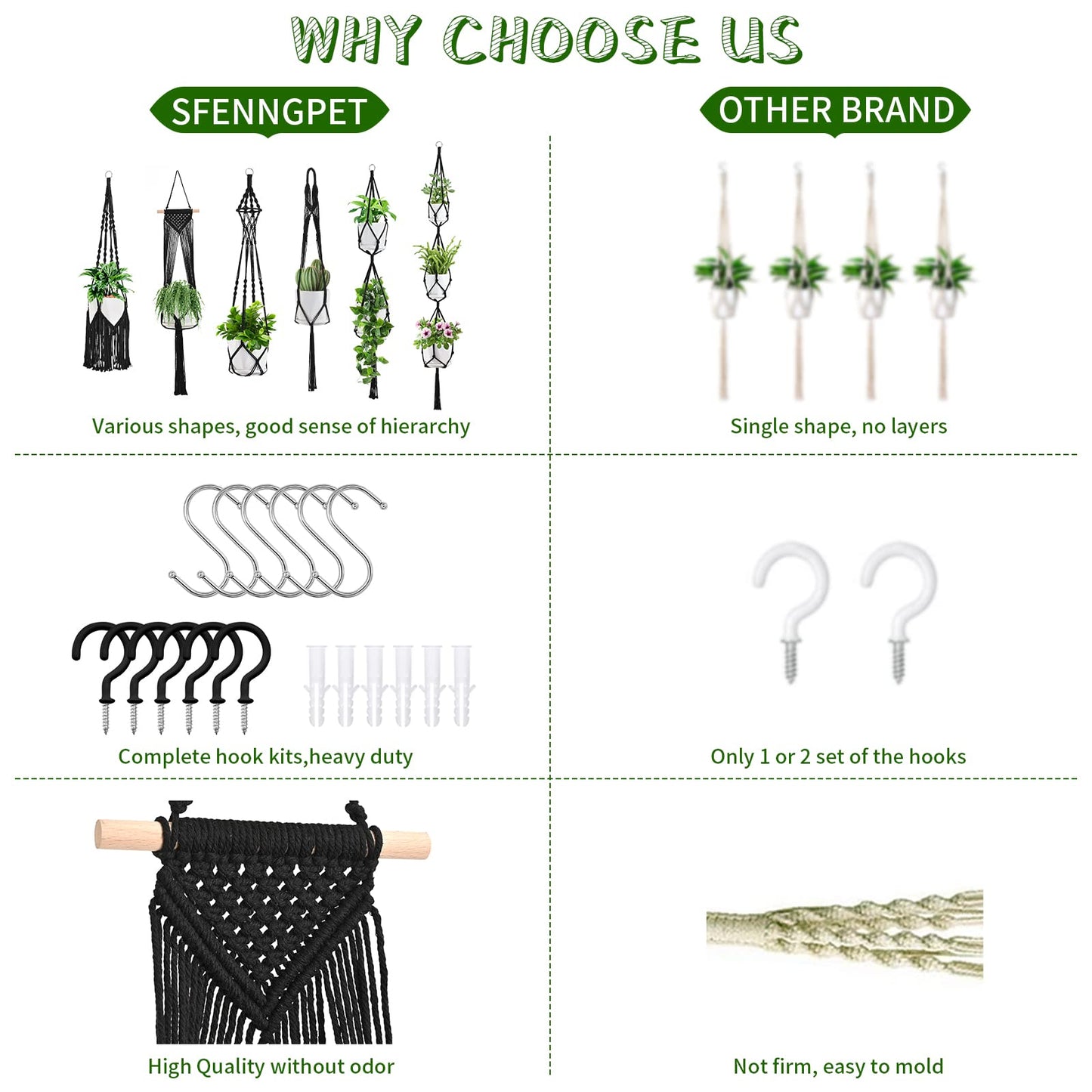 SFENNGPET Macrame Plant Hangers, 6Pack Hanging Planters for Indoor Plants w/ 6 Set Hangers Kit Handmade Macromay Plant Hangers Indoor Flower Pots Holder Stand for Boho Home Décor (POTS NOT Included)