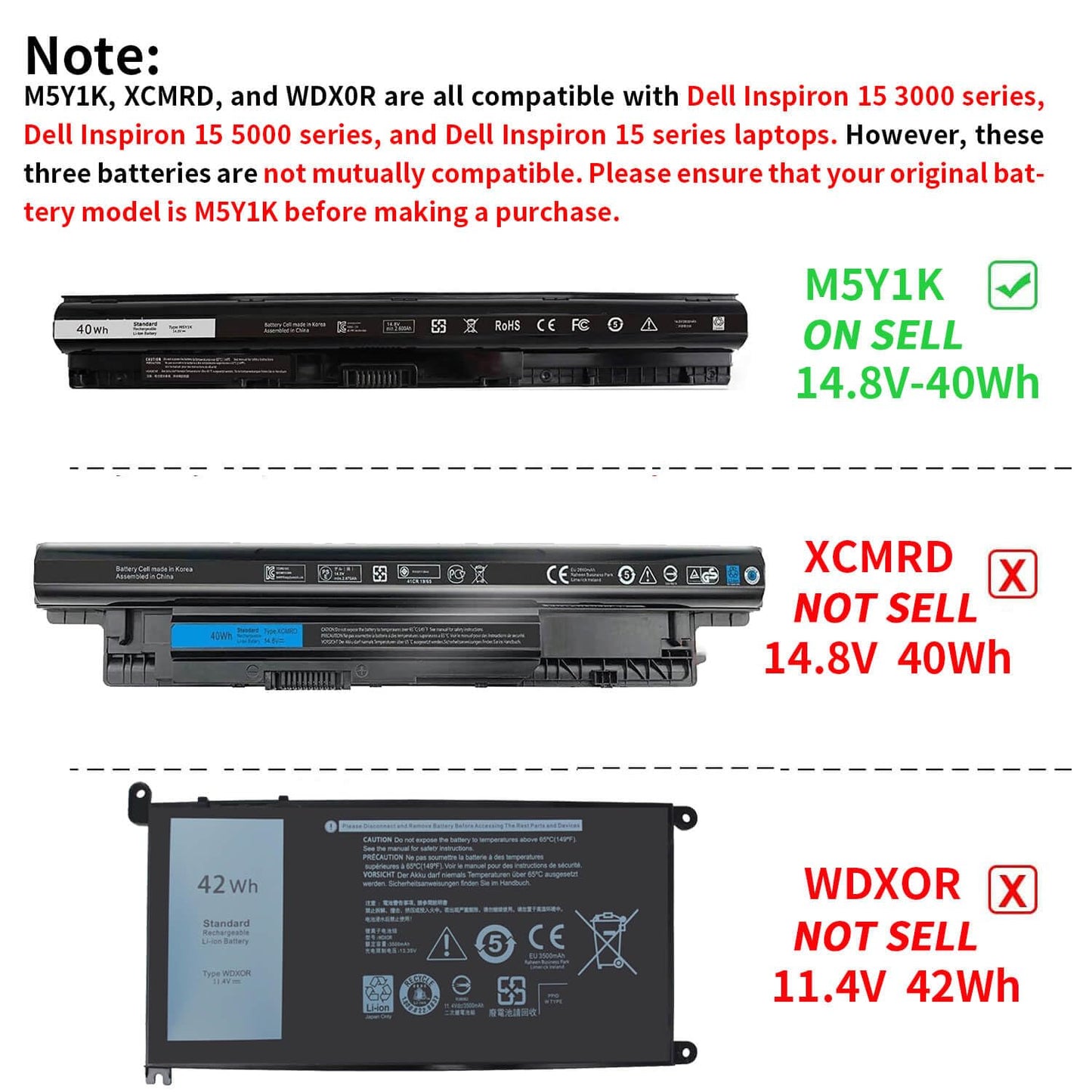 40WH M5Y1K 14.8V Battery for Dell Inspiron 14 15 17 5000 3000 Series 5559 5558 3551 3451 3558 i3558 3567 5755 5756 5458 5759 5758 5759 GXVJ3 453-BBBQ WKRJ2 VN3N0 HD4J0 991XP P63F P47F P51F P52F P64G