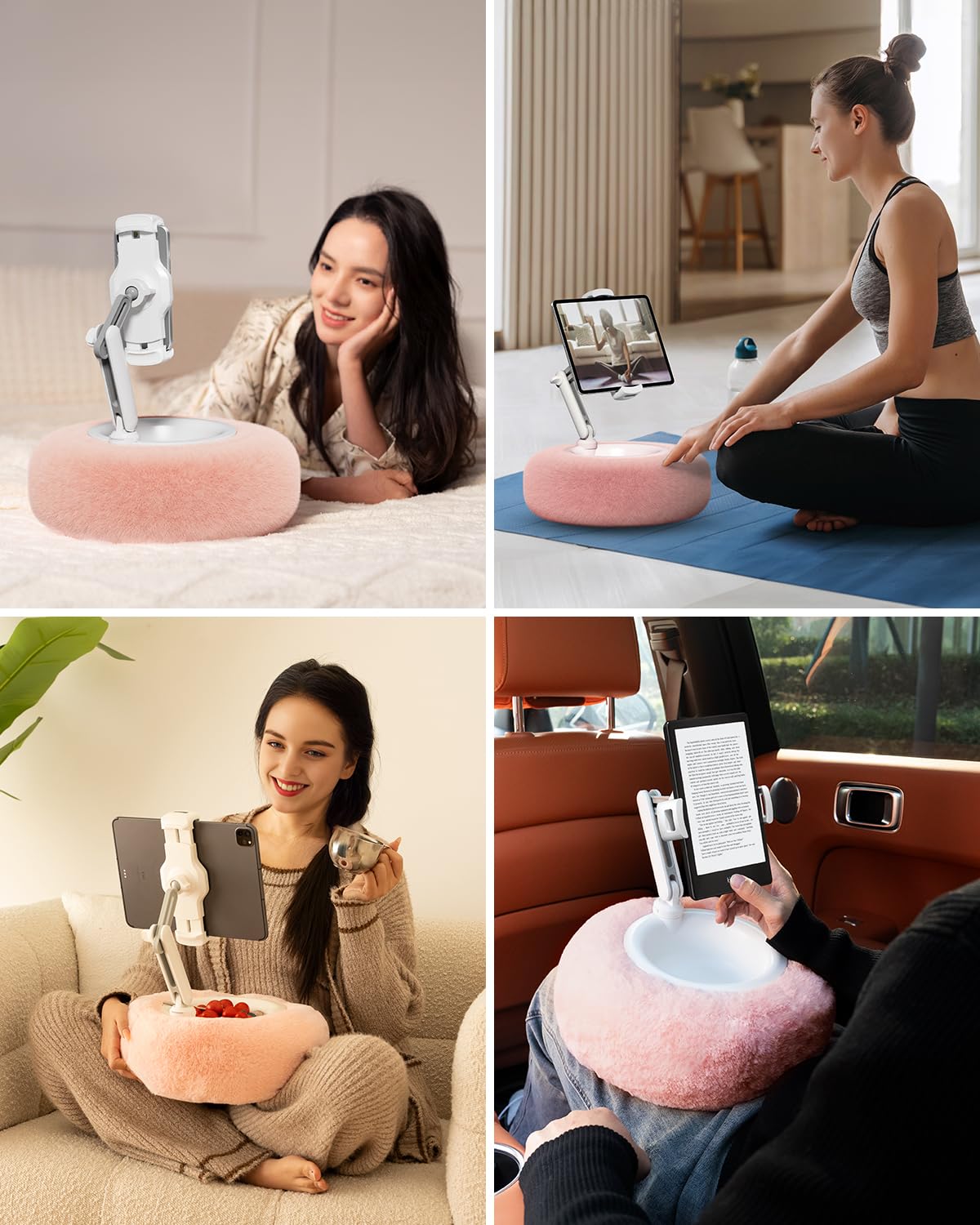 Viozon Tablet Stand Pillow, Compatible with 4.7"-13" Phone/Tablet, iPad, iPhone, Samsung, Google, Kindle, 360°Adjustable Phone Holder for Bed with Soft Plush Fabric, and Detachable Bowl, Pink