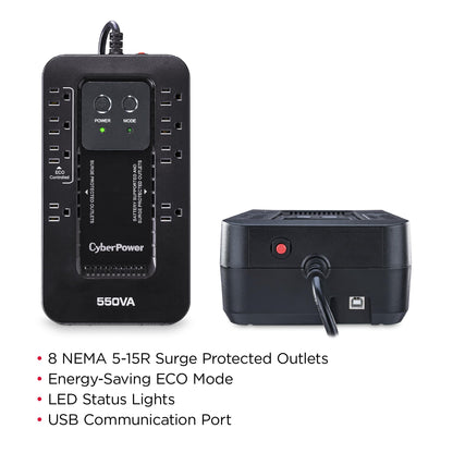 CyberPower EC550G Ecologic Battery Backup & Surge Protector UPS System, 550VA/330W, 8 Outlets, ECO Mode, Compact Uninterruptible Power Supply