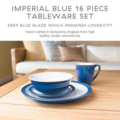 Denby - Imperial Blue Dinner Set For 4-16 Piece Ceramic Tableware Set Blue, White - Dishwasher Microwave Safe Crockery Set - 4 x Dinner Plate, 4 x Small Plate, 4 x Cereal Bowl, 4 x Coffee Mug