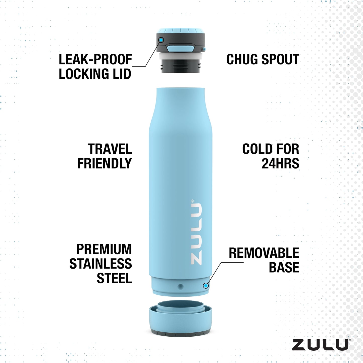Zulu Ace 24oz Vacuum Insulated Stainless Steel Water Bottle with Chug Spout | Leak-Proof Locking Lid and Removable Base |Reusable Bottle for Cycling Sports Gym Travel Bicycle Bottle Cage | Ice Blue