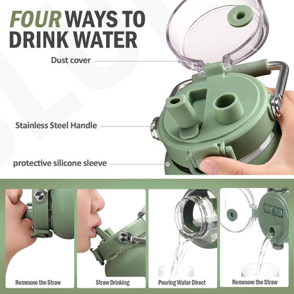 BLUEGO 84oz Water Bottle Glass with Stainless Steel Handle Large 2.5l Water Bottle with Time Markers and Silicone Sleeve Half Gallon Water Jug BPA Free for Gym Daily Use, Olive