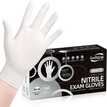 SwiftGrip Disposable Nitrile Exam Gloves, 3-mil, Large, Box of 100, White Nitrile Gloves Disposable Latex Free for Medical, Cleaning, Cooking & Esthetician, Food-Safe, Powder-Free, Non-Sterile