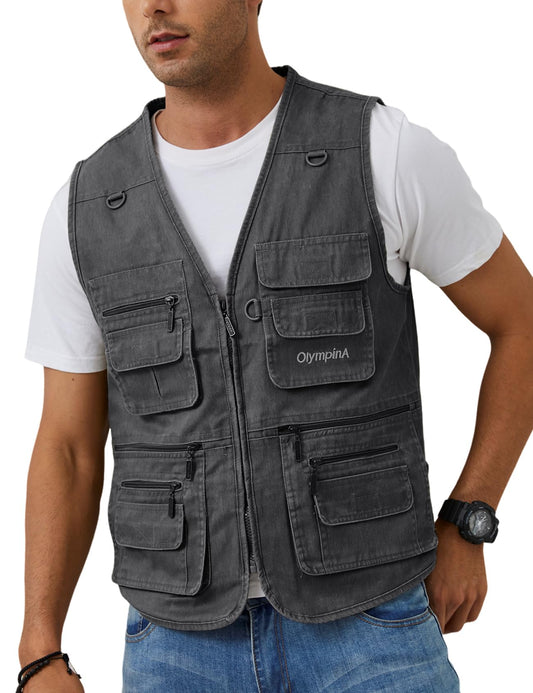 Gihuo Men's Fishing Vest Casual Utility Travel Safari Cargo Outdoor Work Photo Fly Vest Jacket with Multi Pockets (X-L, Grey)