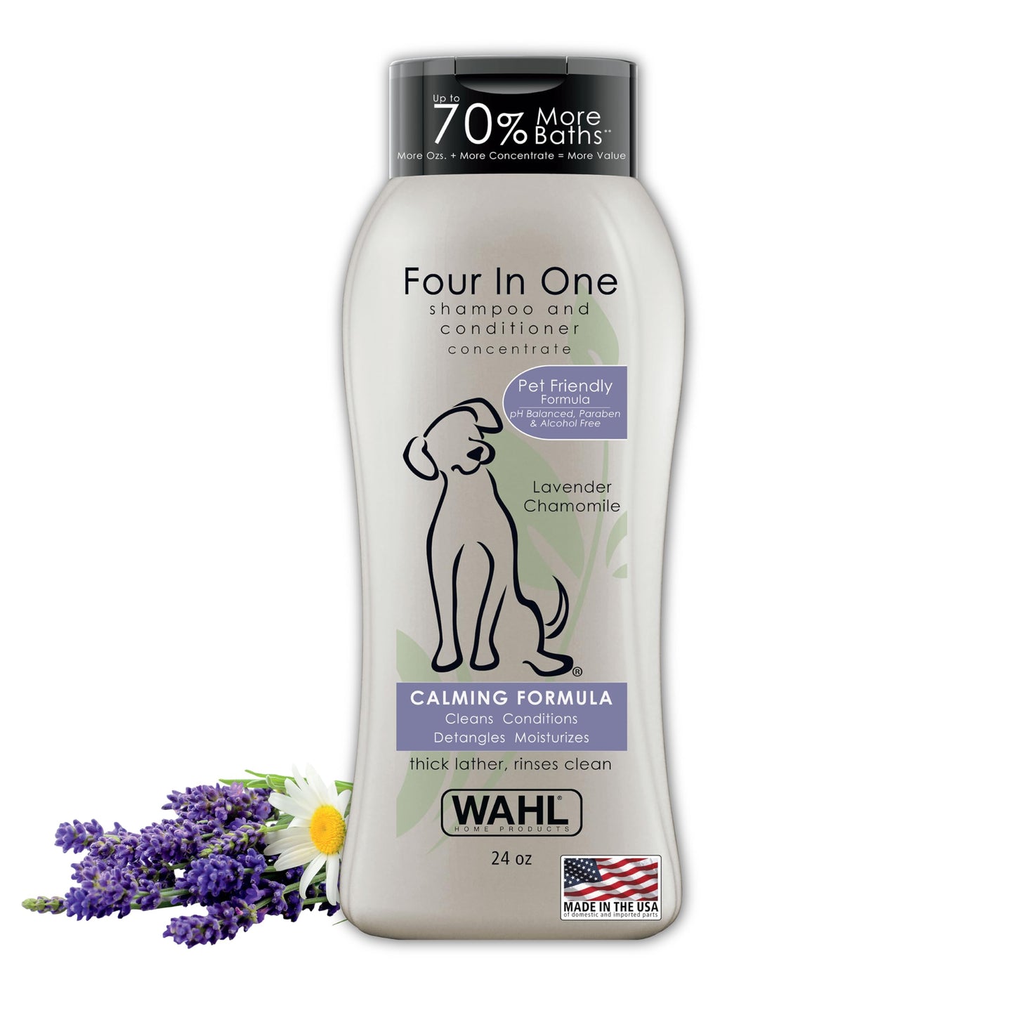 Wahl USA 4-in-1 Calming Dog Shampoo with Lavender Chamomile Scent – Cleans, Conditions, Detangles, & Moisturizes - Pet Friendly Formula - 24 Oz - Model 820000A