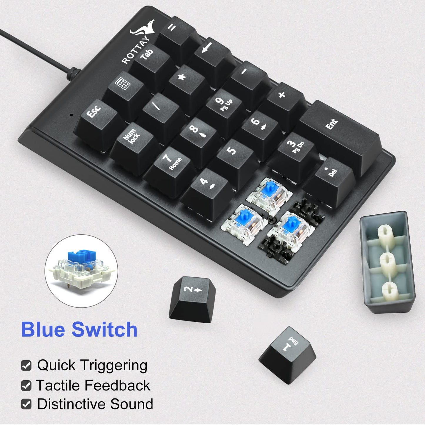 Rottay Number Pad, Mechanical USB Wired Numeric Keypad with Blue LED Backlit 22 Key Numpad for Laptop Desktop Computer PC Black (Blue switches)