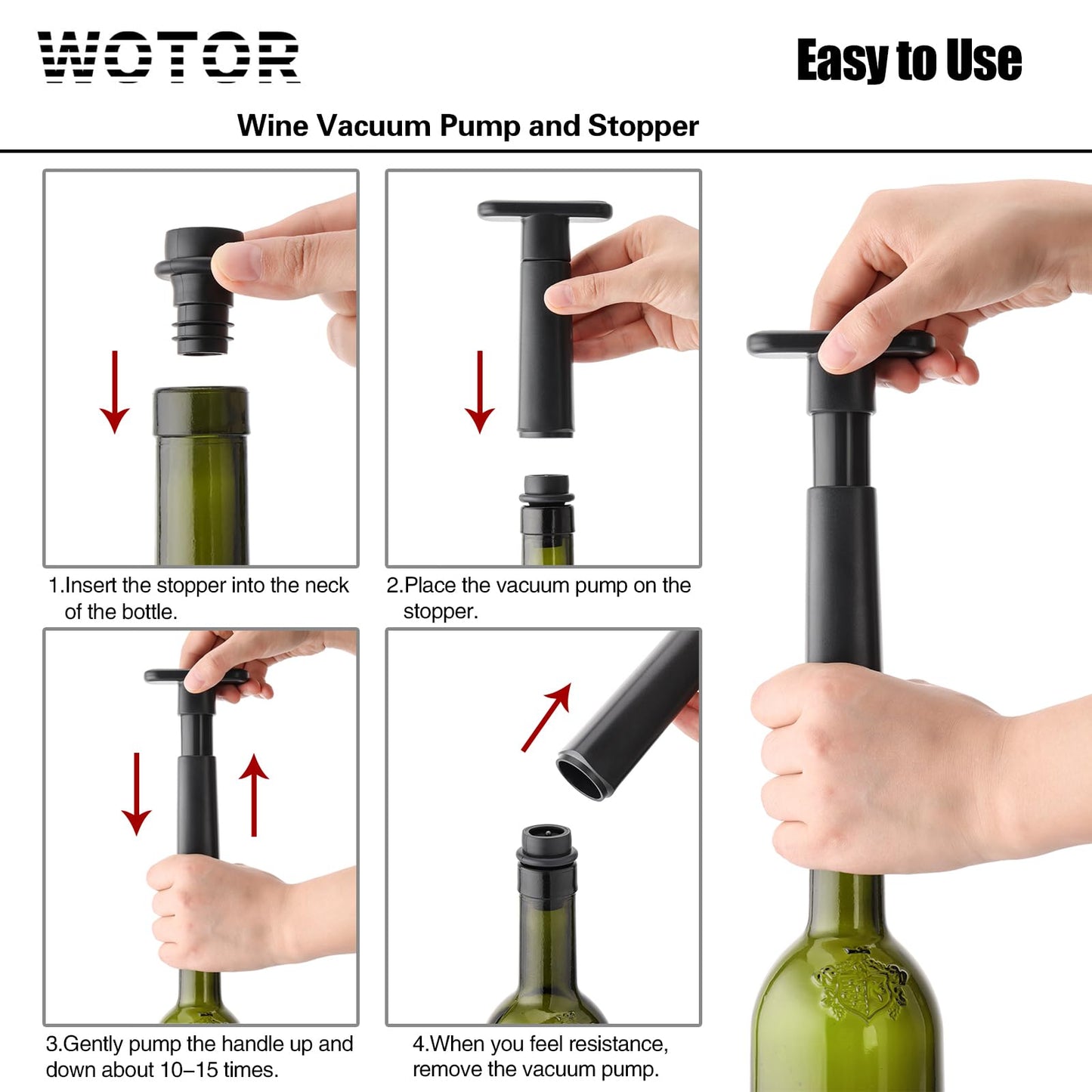 WOTOR Wine Saver Vacuum Pump with 4 Stoppers, Wine Stopper & Preserver, Reusable Bottle Sealer Keeps Fresh, Ideal Accessories Gift (Flat Handle)