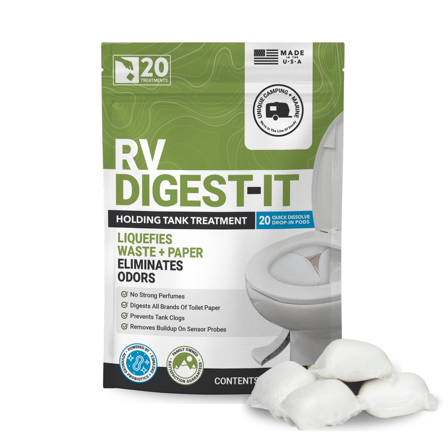 Unique RV Digest-It Classic RV Toilet Treatment, Drop-In Pod - Convenient, Dissolvable, Mess-Free - Eliminates Odors and Liquifies Waste (20 Pods)