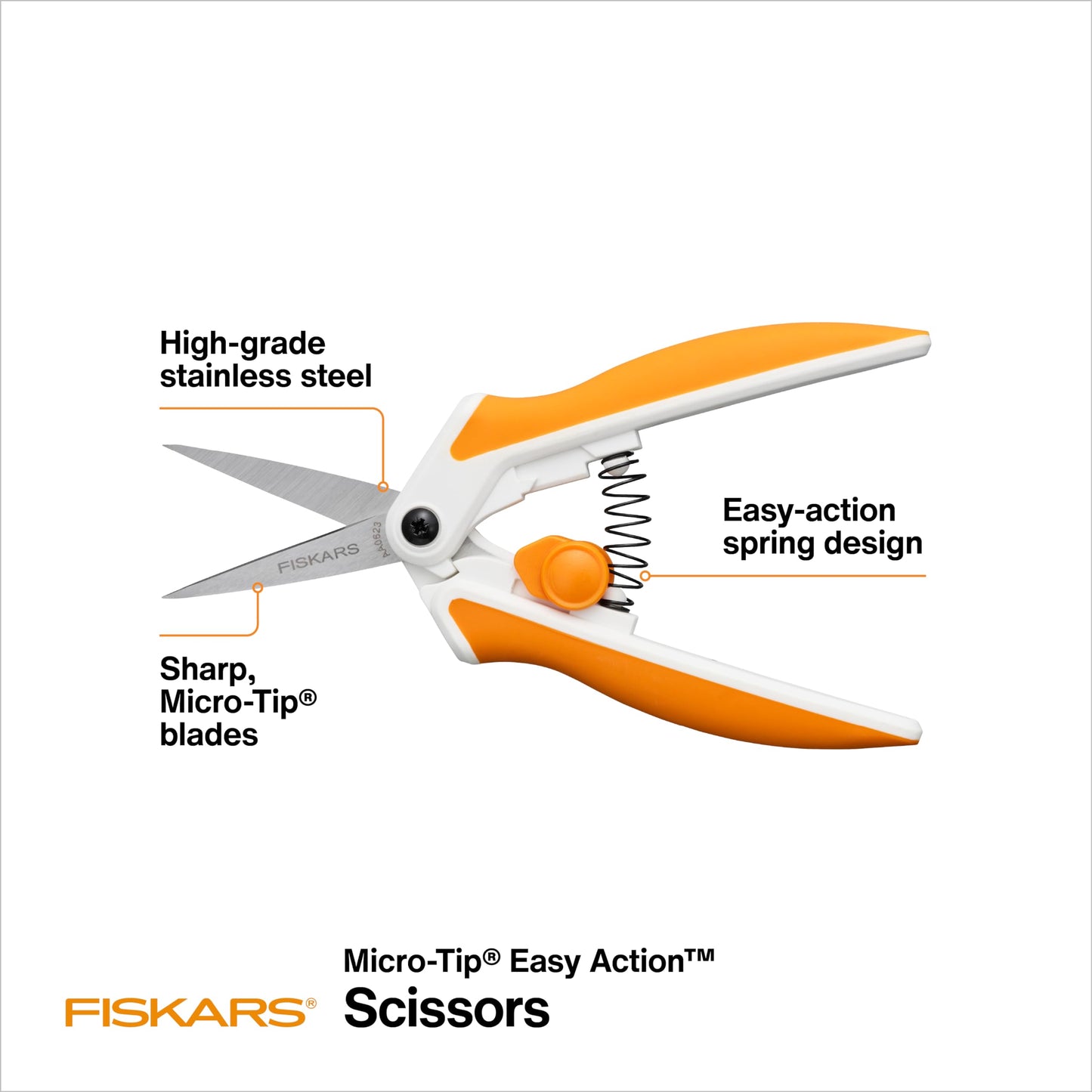 Fiskars Micro-Tip Spring Assisted Scissors, Precision Cutting Stainless Steel Blades, Comfort Handle, Cut Details in Fabric, Sewing Scissors and Arts and Crafts Tools