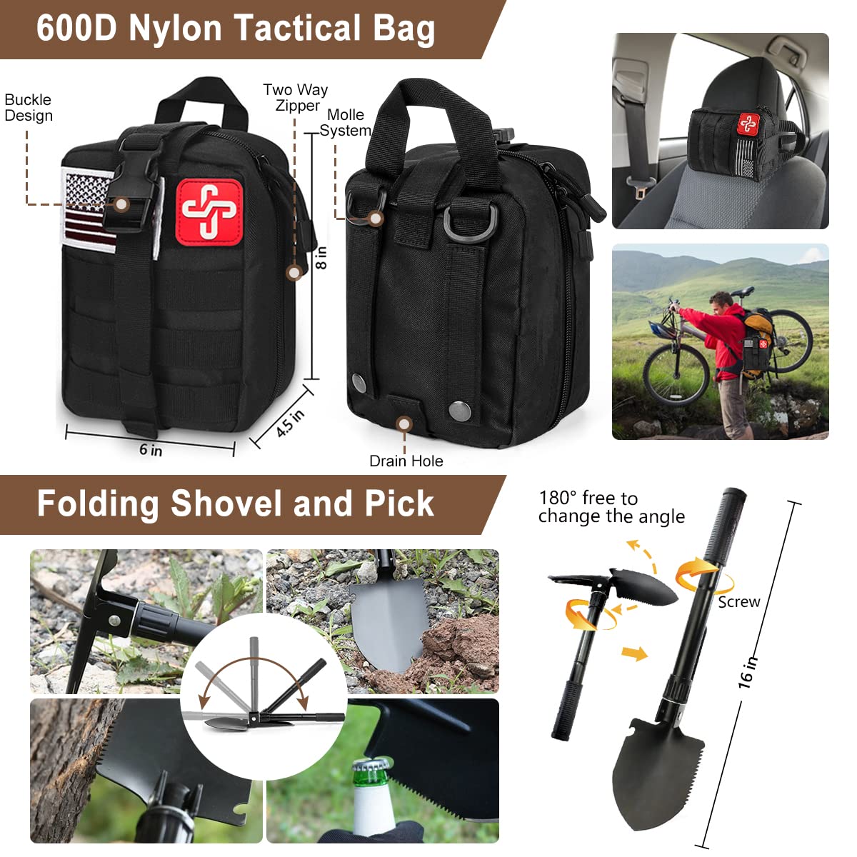 238Pcs Emergency Survival Kit and First Aid Kit, Professional Survival Gear Tool with Tactical Molle Pouch and Emergency Tent for Earthquake, Outdoor Adventure, Camping, Hiking, Hunting