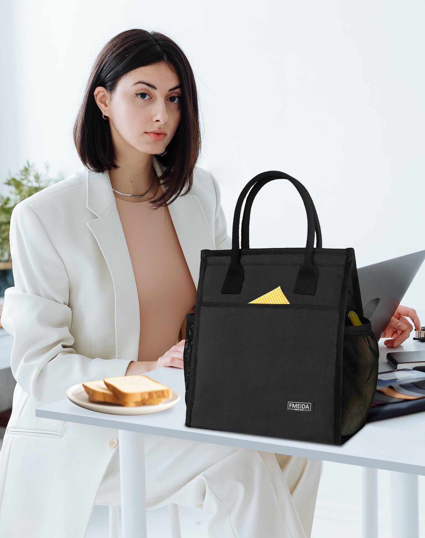 Fmeida Insulated Lunch Bag Women Men, 9L Large Lunch Bags with Multiple Pockets, Reusable Thermal Cooler Tote for Work, Office, Picnic, Travel | Hook and Loop Closure, Black