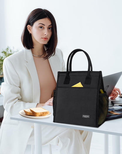 Fmeida Insulated Lunch Bag Women Men, 9L Large Lunch Bags with Multiple Pockets, Reusable Thermal Cooler Tote for Work, Office, Picnic, Travel | Hook and Loop Closure, Black