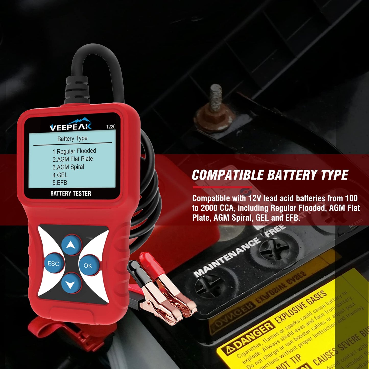 Veepeak 12V Car Battery Tester, Load Tester Automotive 100-2000 CCA Alternator Analyzer Digital Battery Vehicle Charging & Cranking System Testing Tool for Cars Trucks Motorcycles Boats ATVs RVs