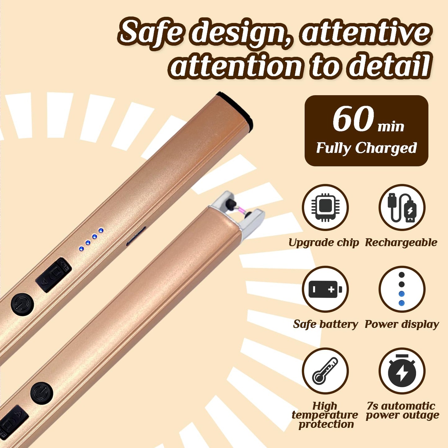 2 PCS Candle Lighter,Windproof Flameless Electric Lighter with LED Power Display ＆ Safety Switch, Upgraded Plasma USB Rechargeable Lighters for Birthday Camping BBQ (Champagne Gold)